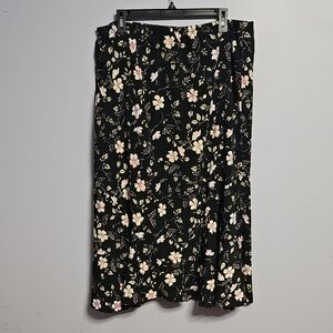 Sag Harbor Black A-Line Midi Skirt in‎ Floral Design with Pink And Cream Hues